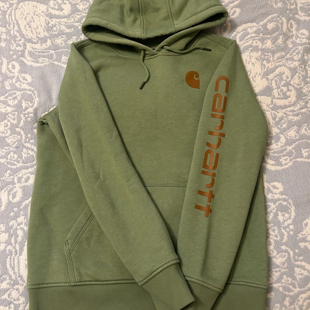 Carhartt Olive Green Pullover Hoodie with Sleeve Logo - Picture 1 of 2